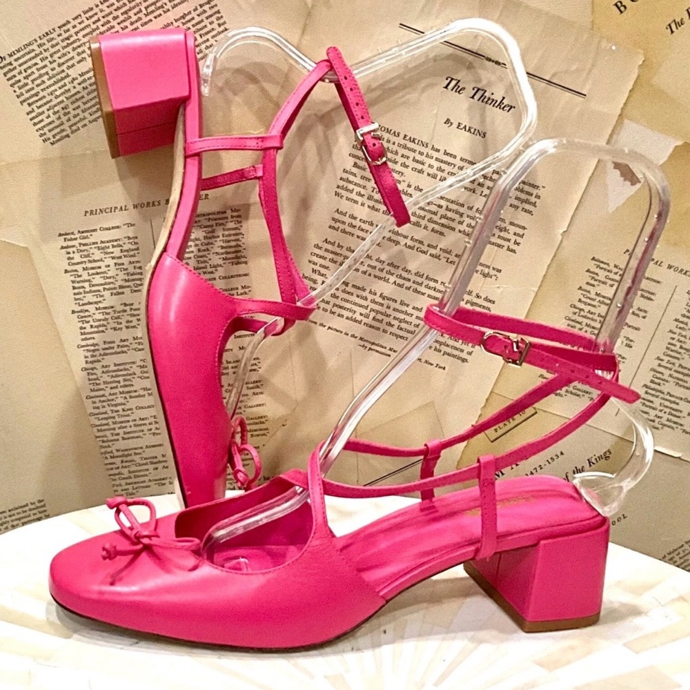 Anthropologie Larroude Mary Block Heels Leather Ballet Front Ankle Strap Pink